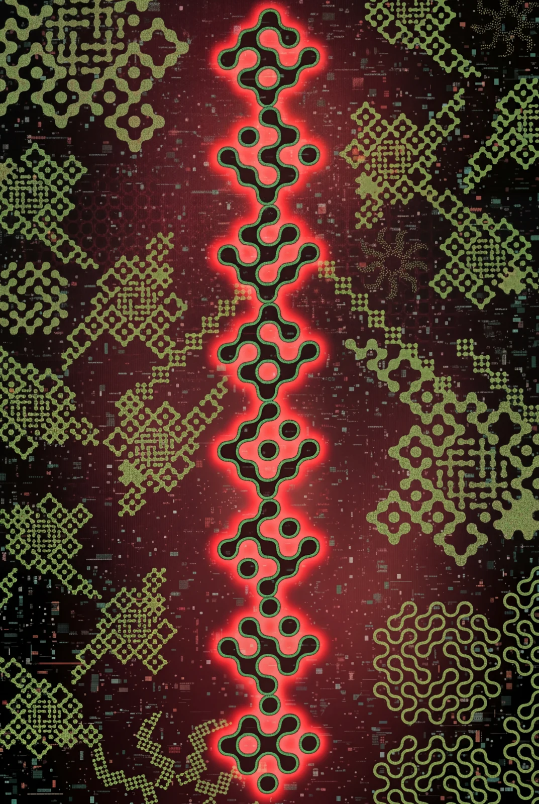 Experimental Techmaze poster with luminous red and green modular symbols